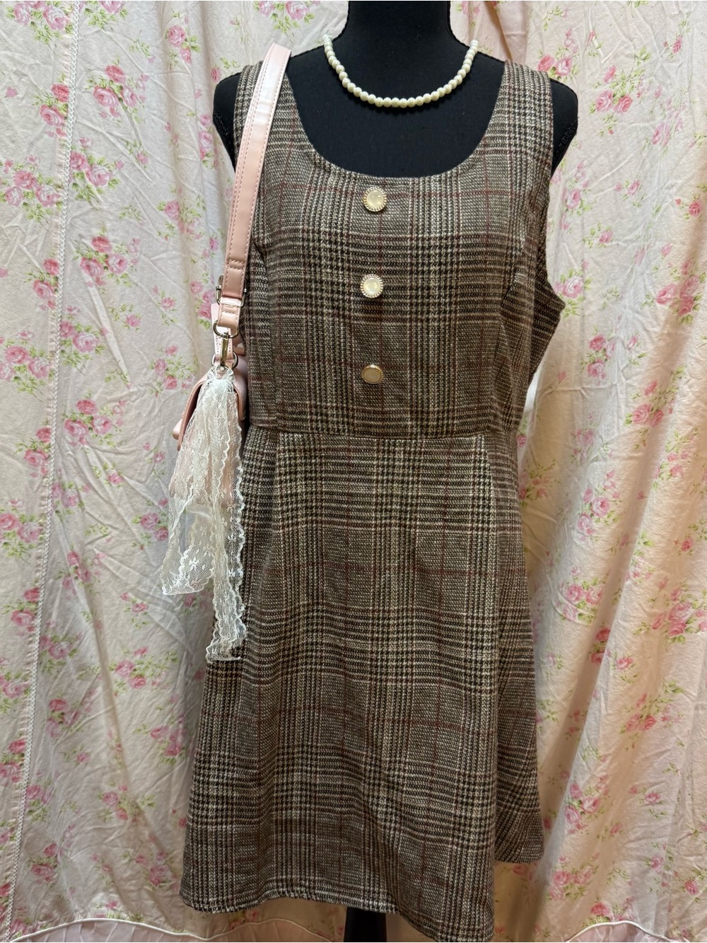 SHEIN Brown Plaid Sleeveless A-Line Dress with Decorative Buttons